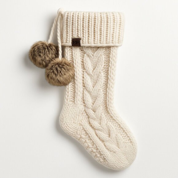 UGG Classic Cable Knit Stocking Snow White Faux Fur Poms 21" Hygge Christmas - Picture 2 of 9